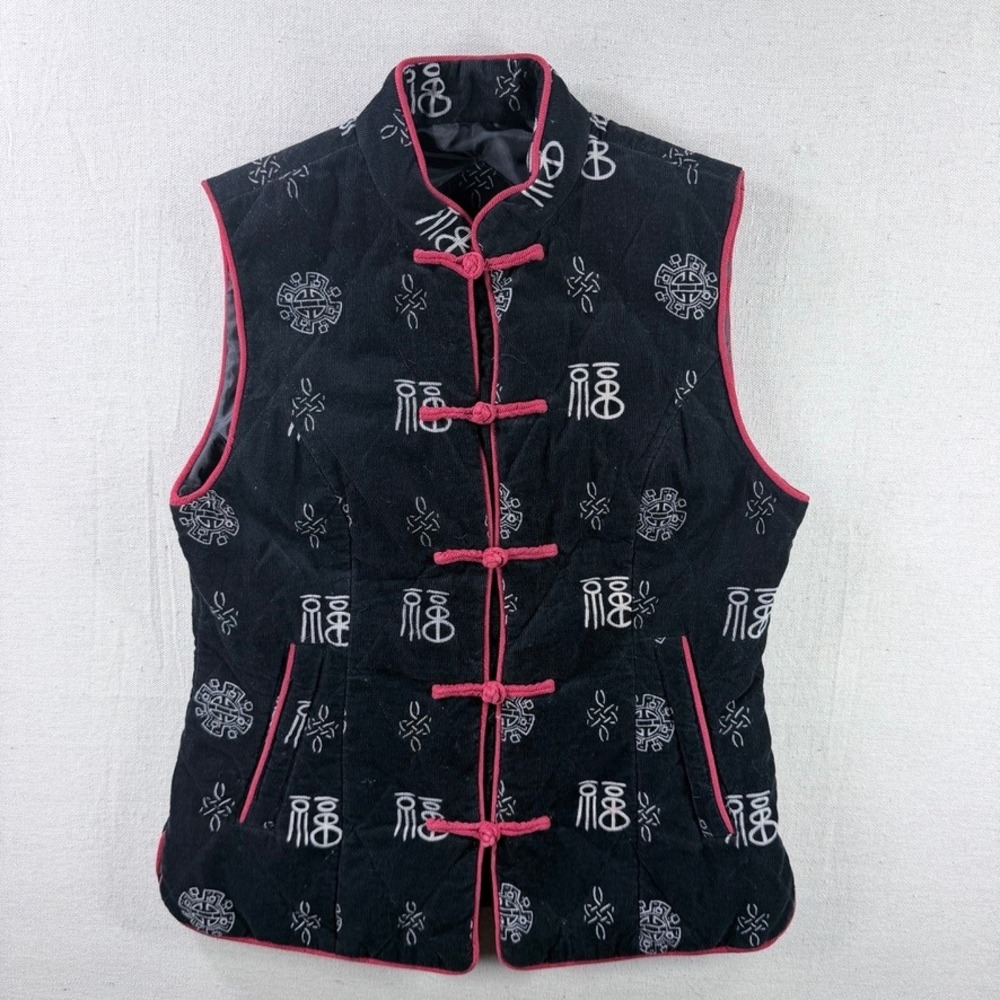Di Gang Women M Black Cotton Corduroy Mandarin Collar Frog Closure Vest